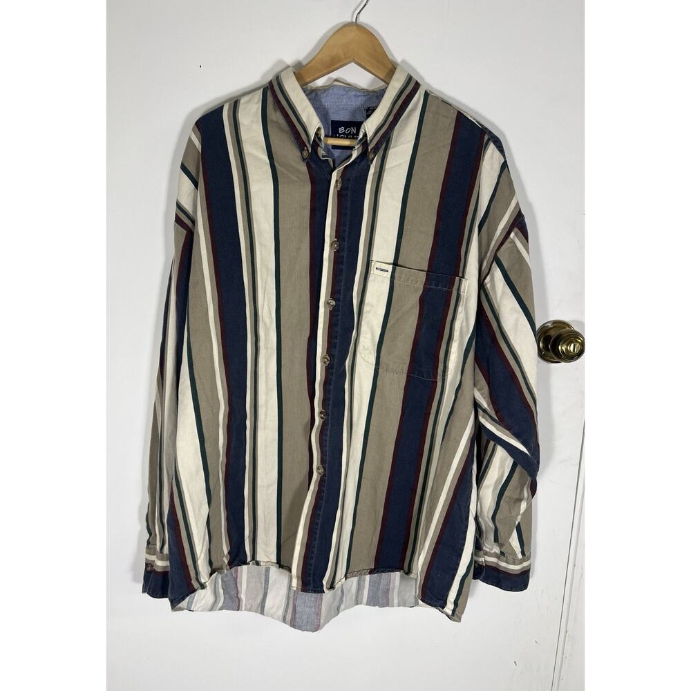 Vintage/90's‎ Bon Homme Multi Colored Striped Button Up Shirt W/Pocket XL Cotton